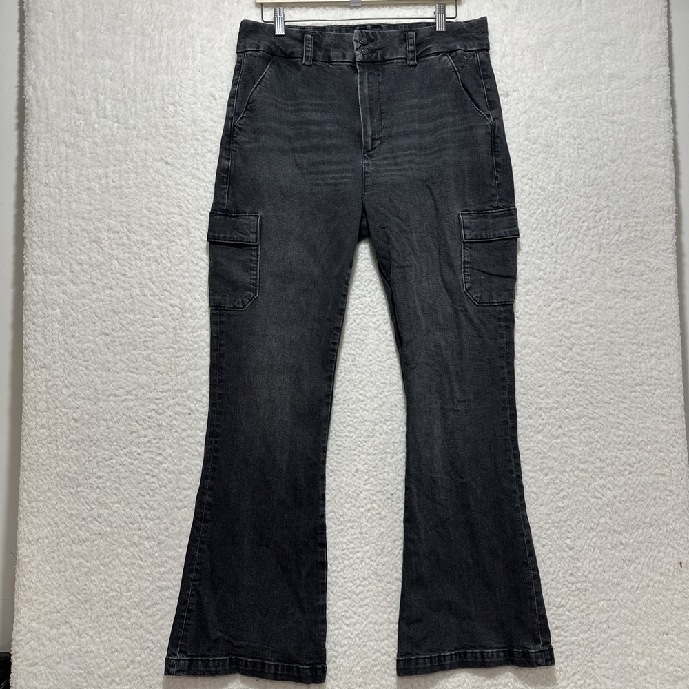 Paige Dion High Rise Flared Cargo Jeans Oblivion Wash Faded Black Denim Size 31